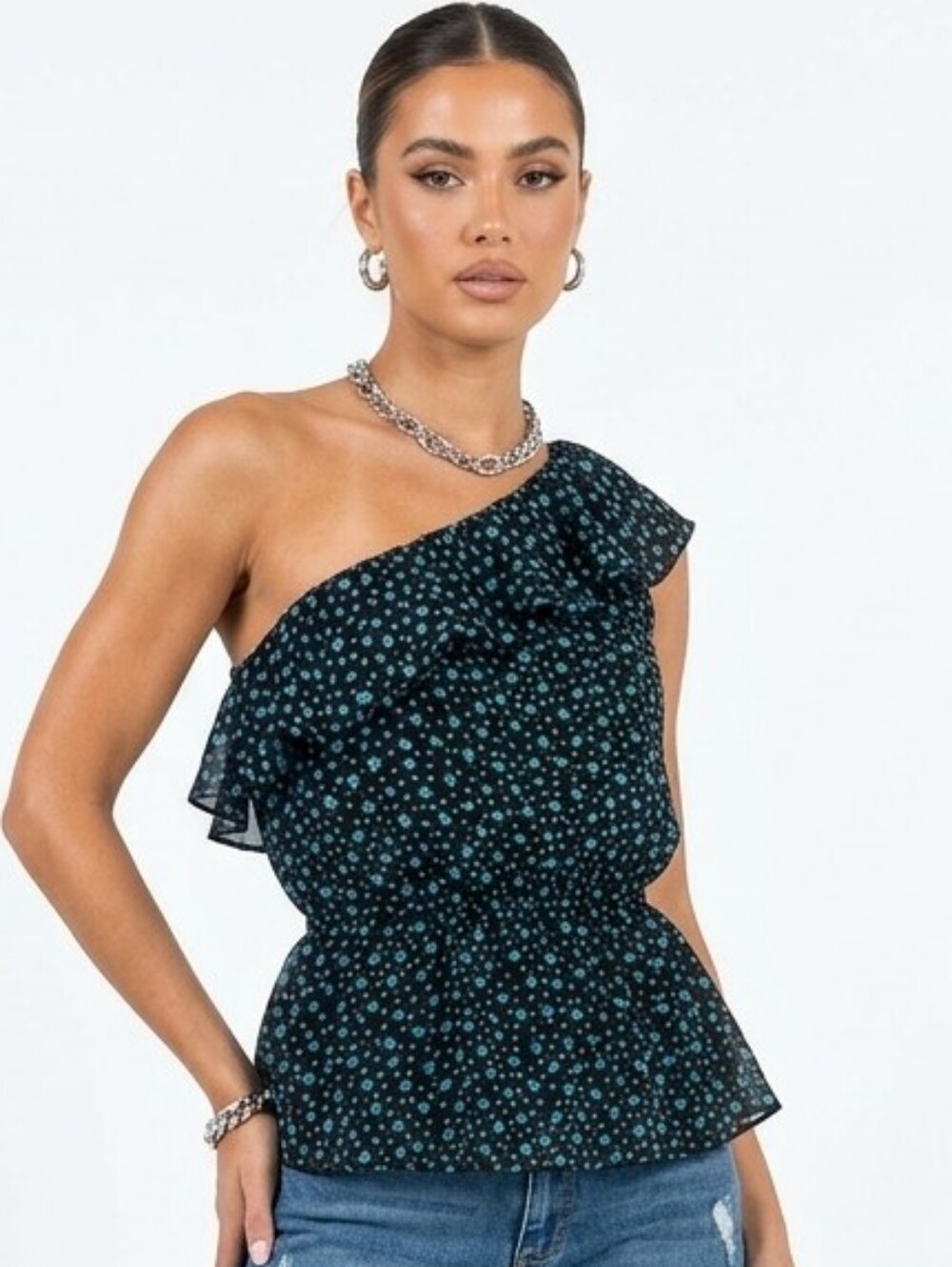 Y2K Vintage One-Shoulder Ruffle Black Floral Peplum Top - Blue Floral Small